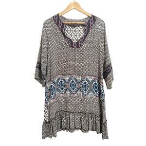 Tolani Women's Brown Blue Geometric Boho 100% Silk Tunic Blouse Size XS